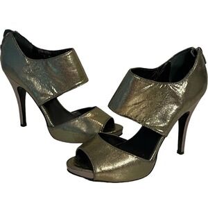 Nine West Silver Metallic Peep Toe Back Zip Stiletto Platform Heels 7.5